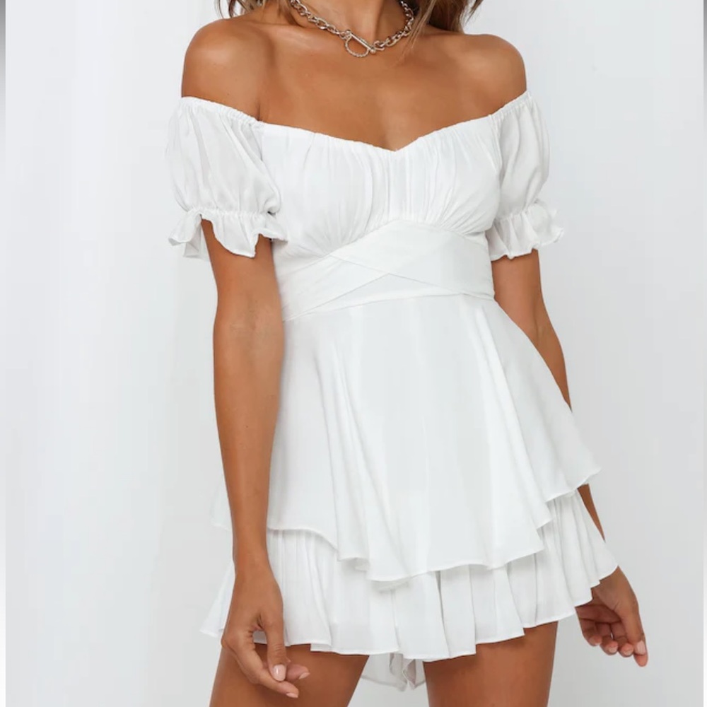 NWT Hello Molly White mini dress romper off the shoulder | graduation bridal